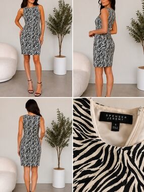 Spenser Jeremy Zebra Print Silk Sheath Dress Size 6 Black Cream Sleeveless Caree